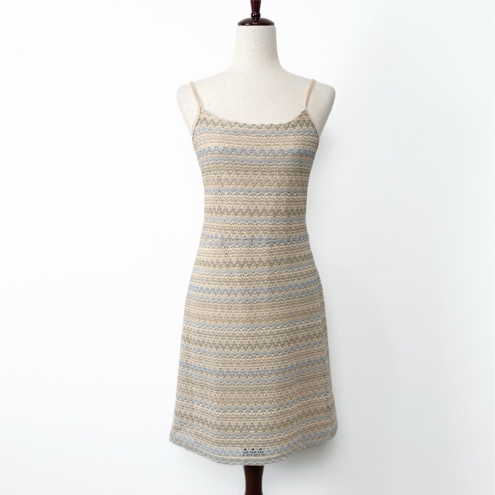 VTG RAVE Dress Womens XL Blue Beige Crochet Knit Mini 90s Festival Fairy Boho